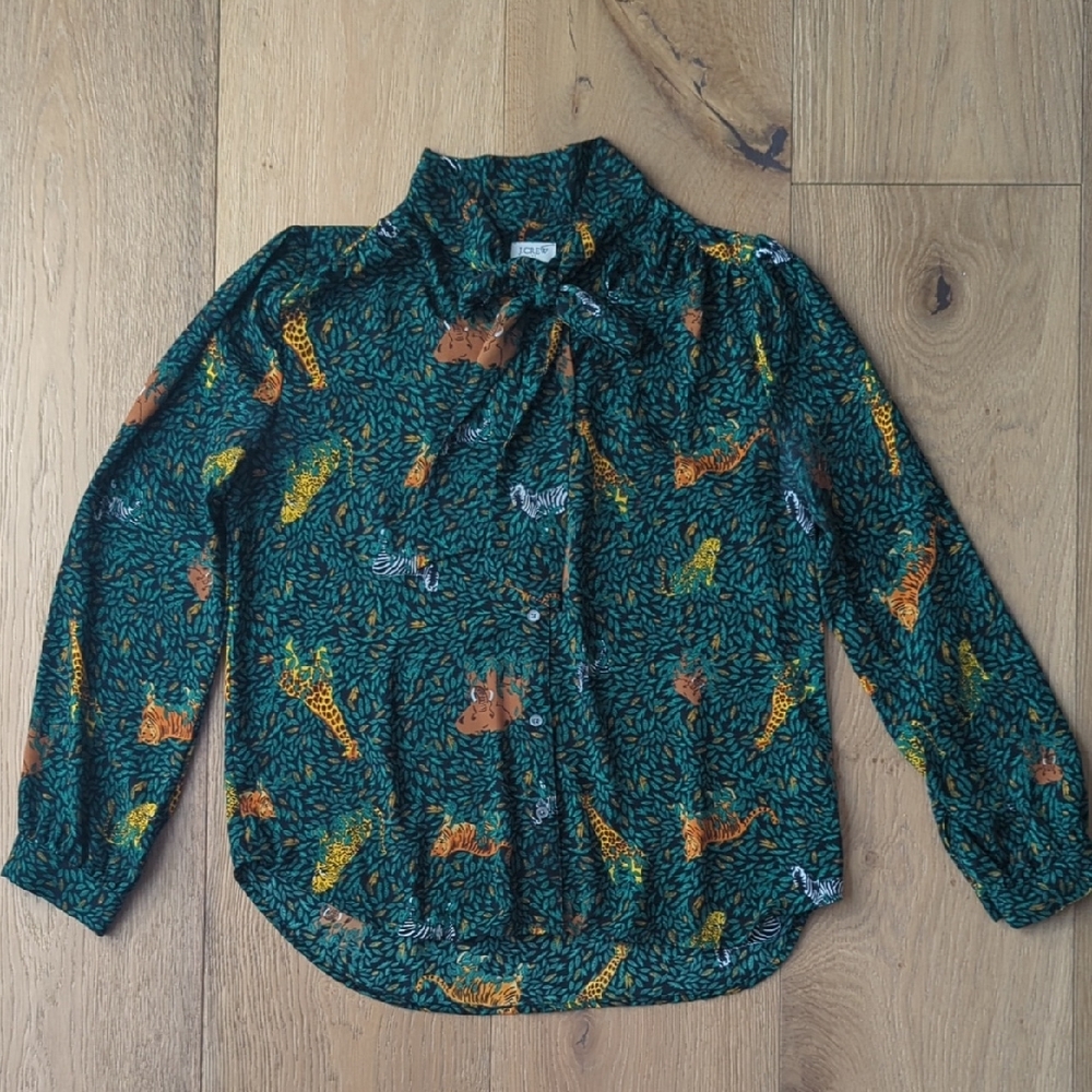 J. Crew | Safari Print Green Long Sleeve Bow Top Blouse with Animals